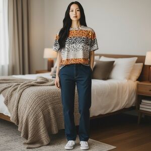 Leopard Print Striped Women's Top - Orange, Black, Cream